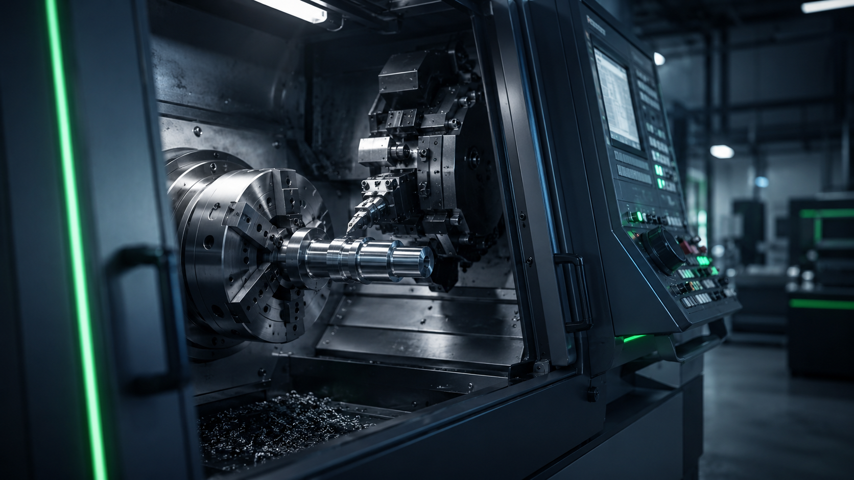 CNC turning machine setup with machining tools and engineering drawings